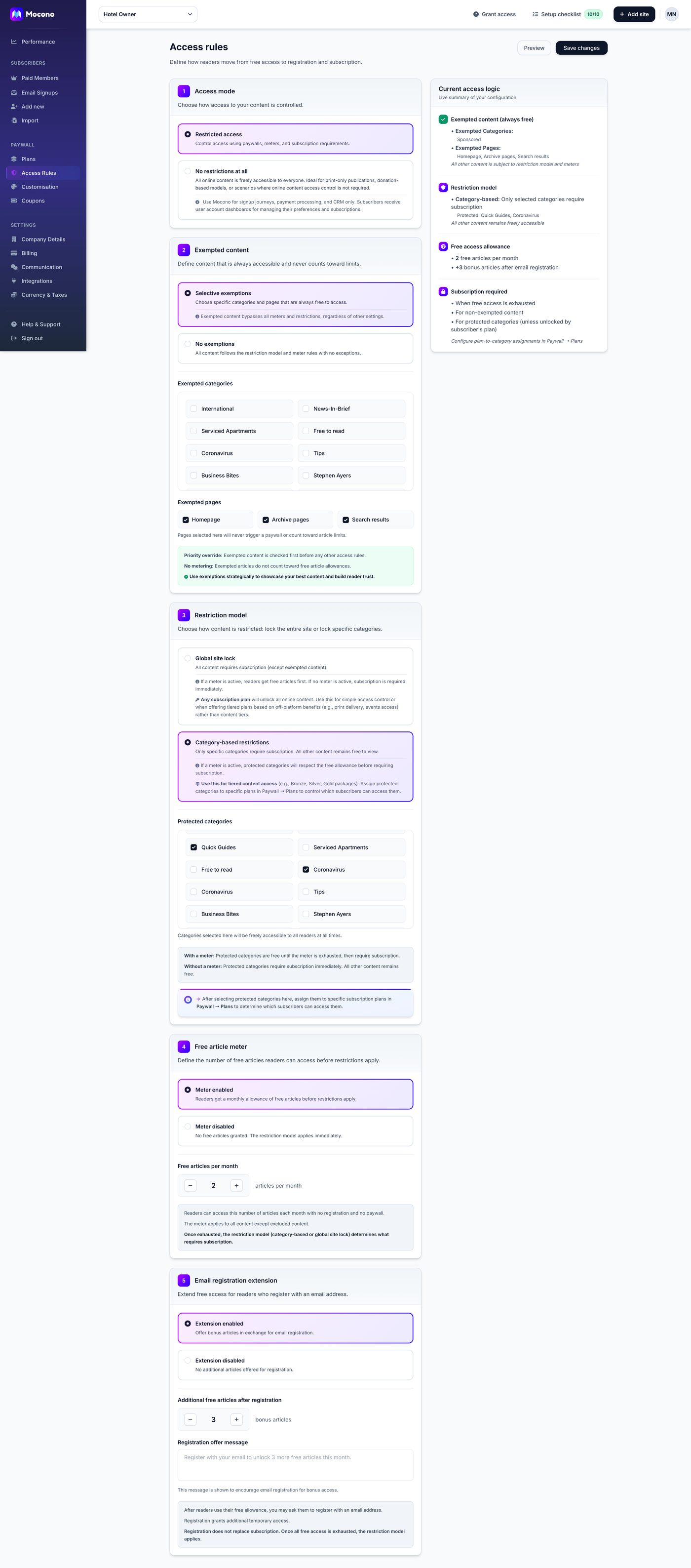 Mocono access rules configuration with live summary