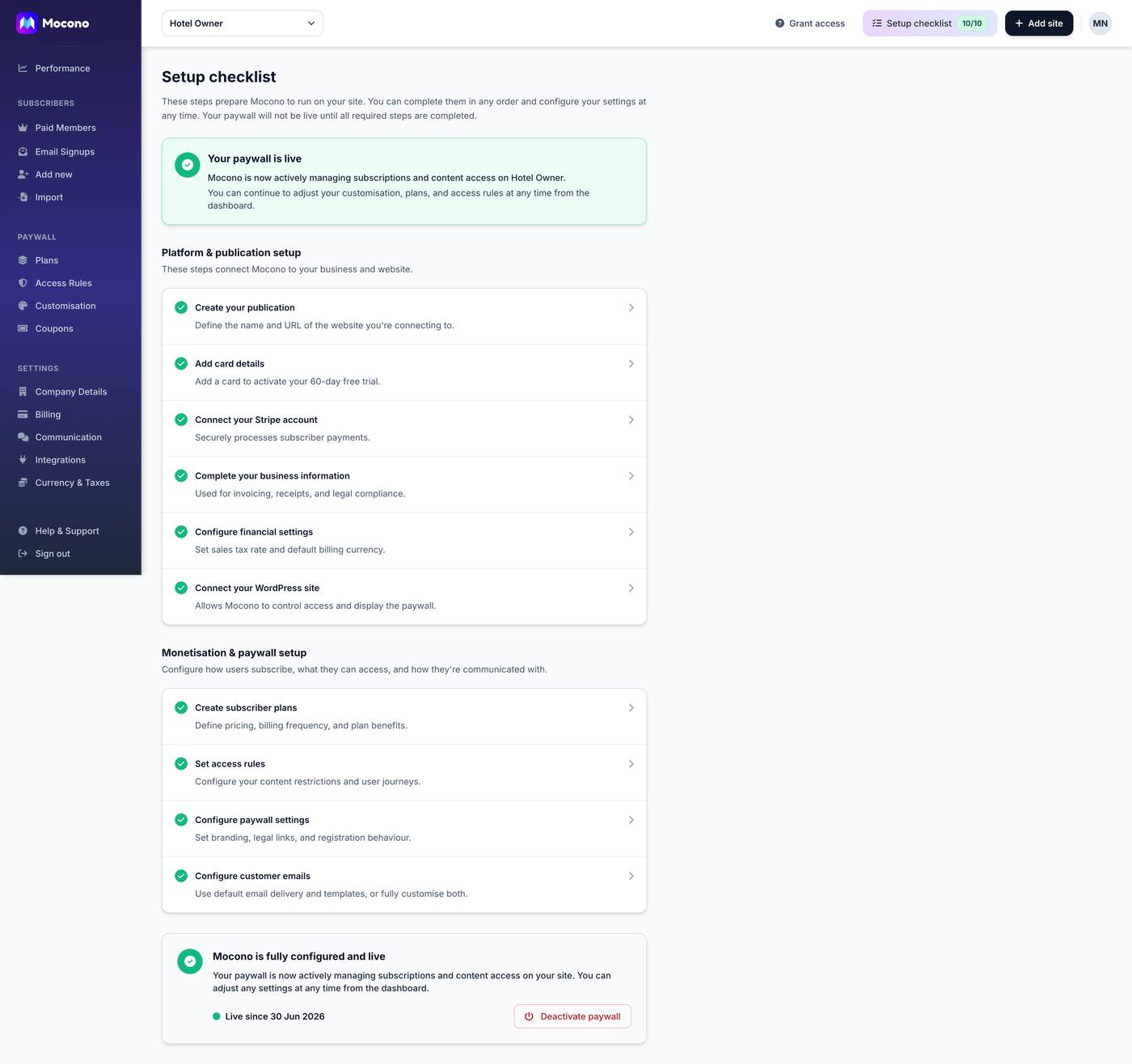 Mocono setup checklist showing every configuration step complete and the paywall live