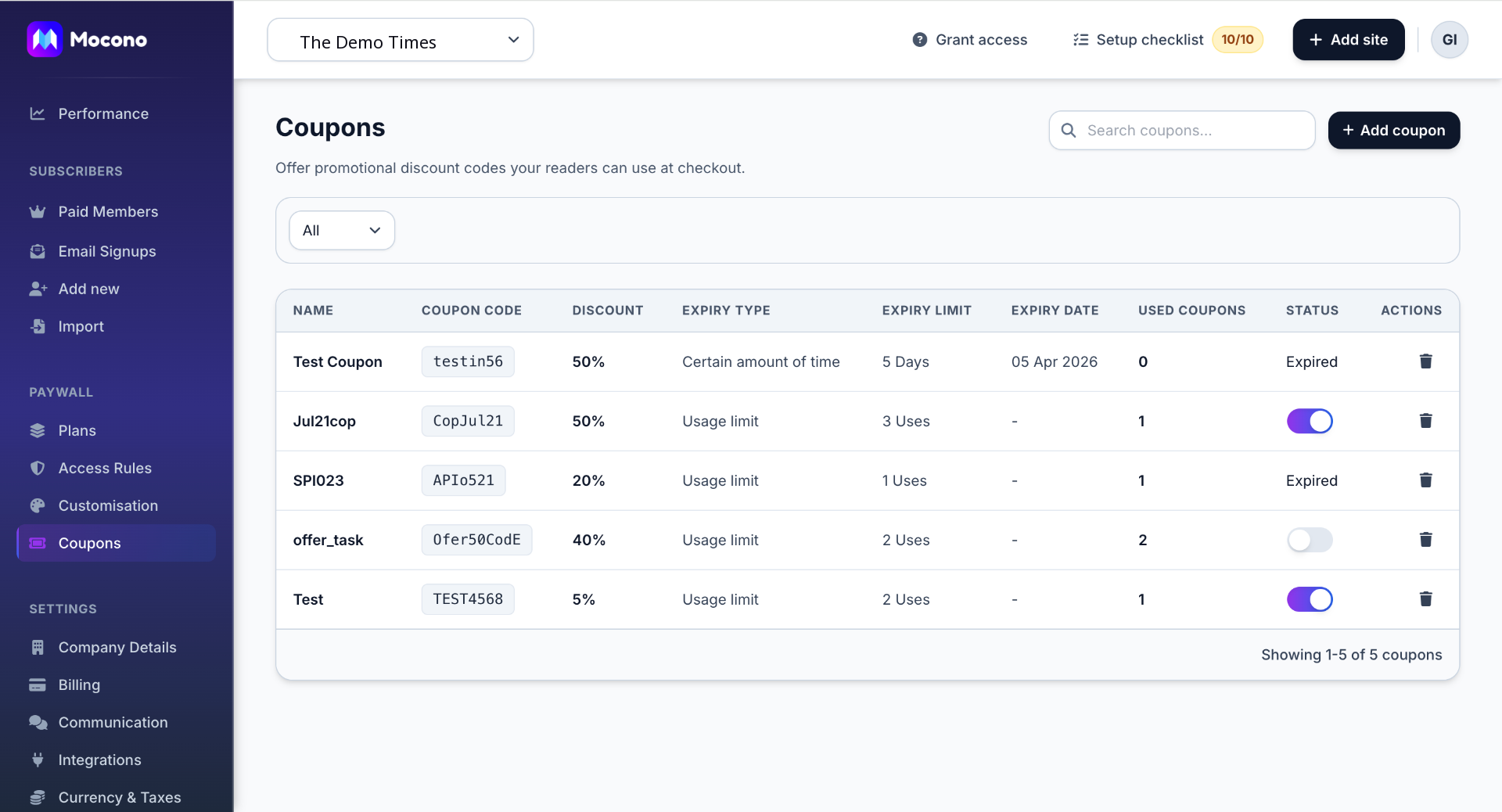 Mocono coupons dashboard with discount codes and usage limits
