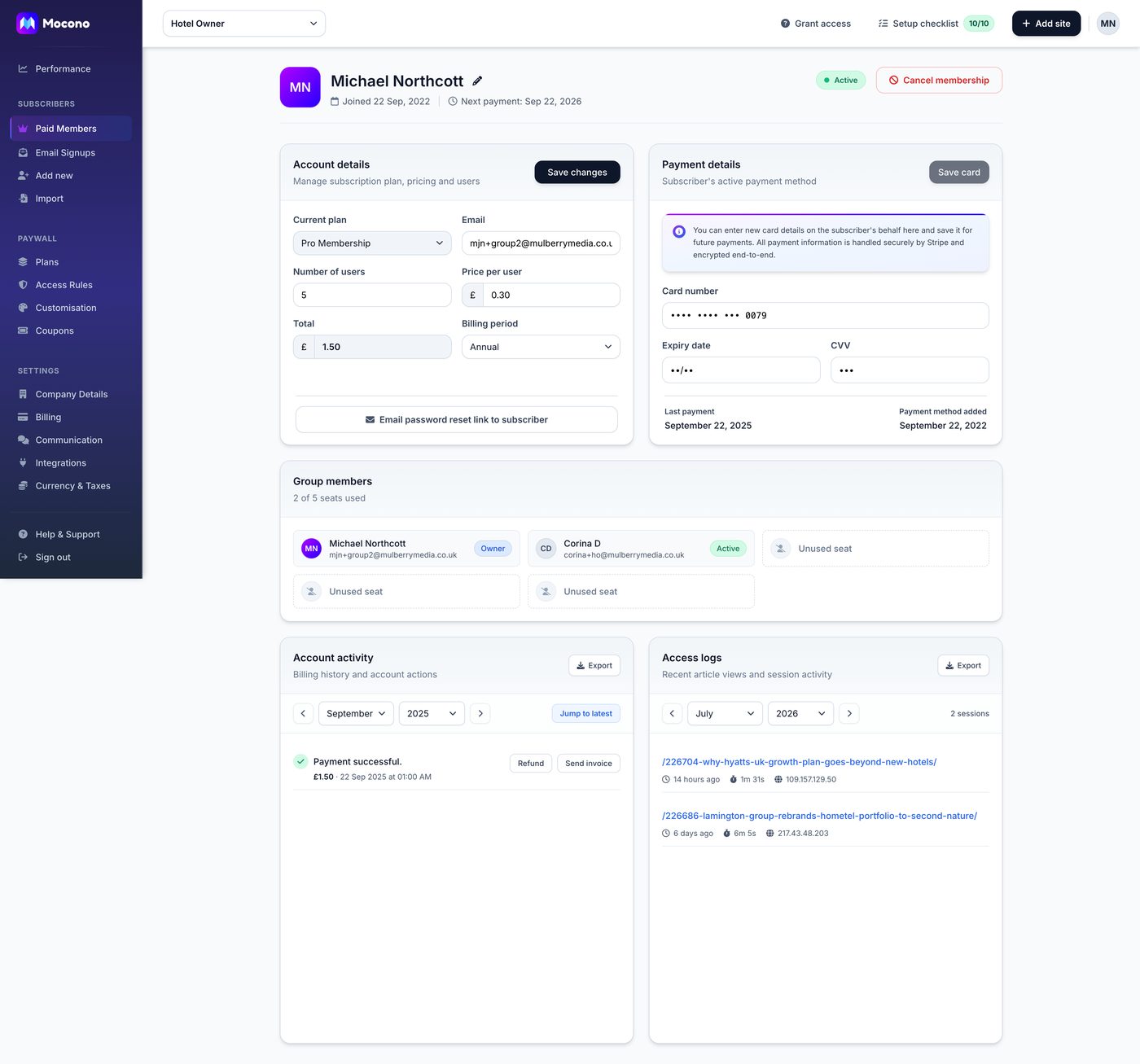 Mocono subscriber detail view with account, pricing and payment management