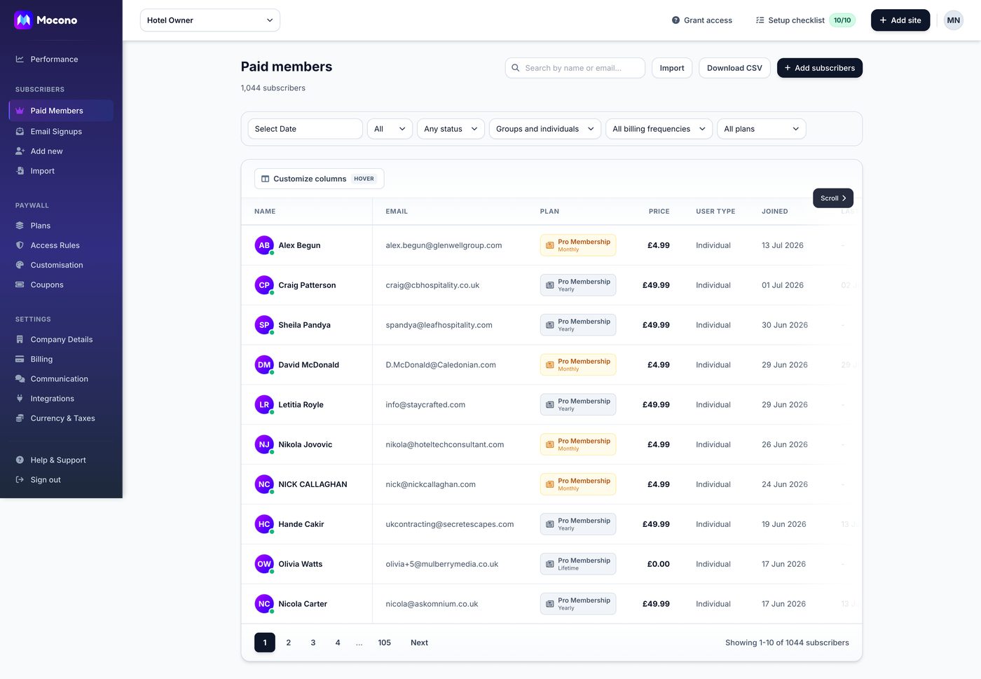 Mocono paid members list with search, filters and per-member plan details