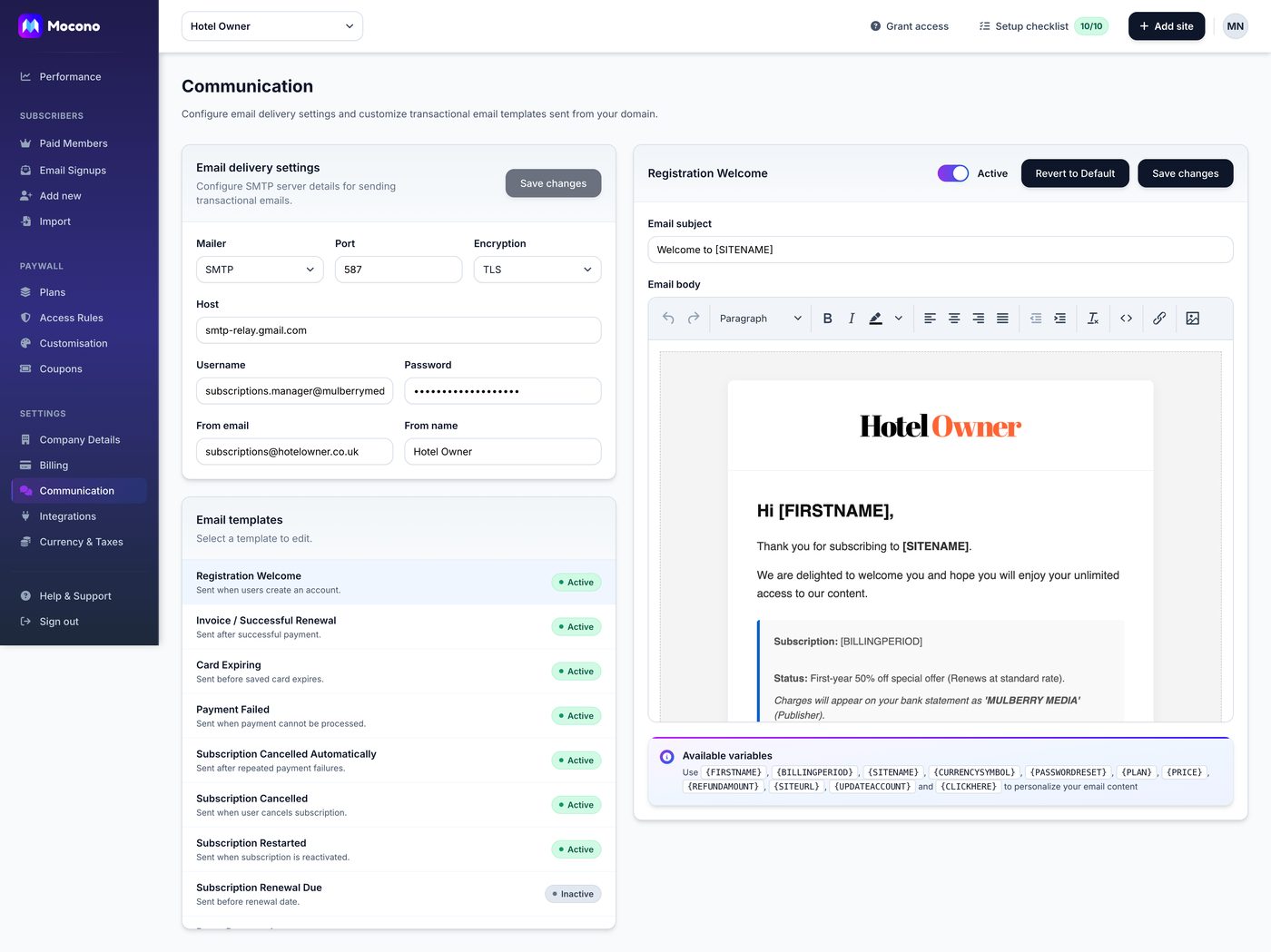 Mocono communication settings with SMTP delivery and an editable email template