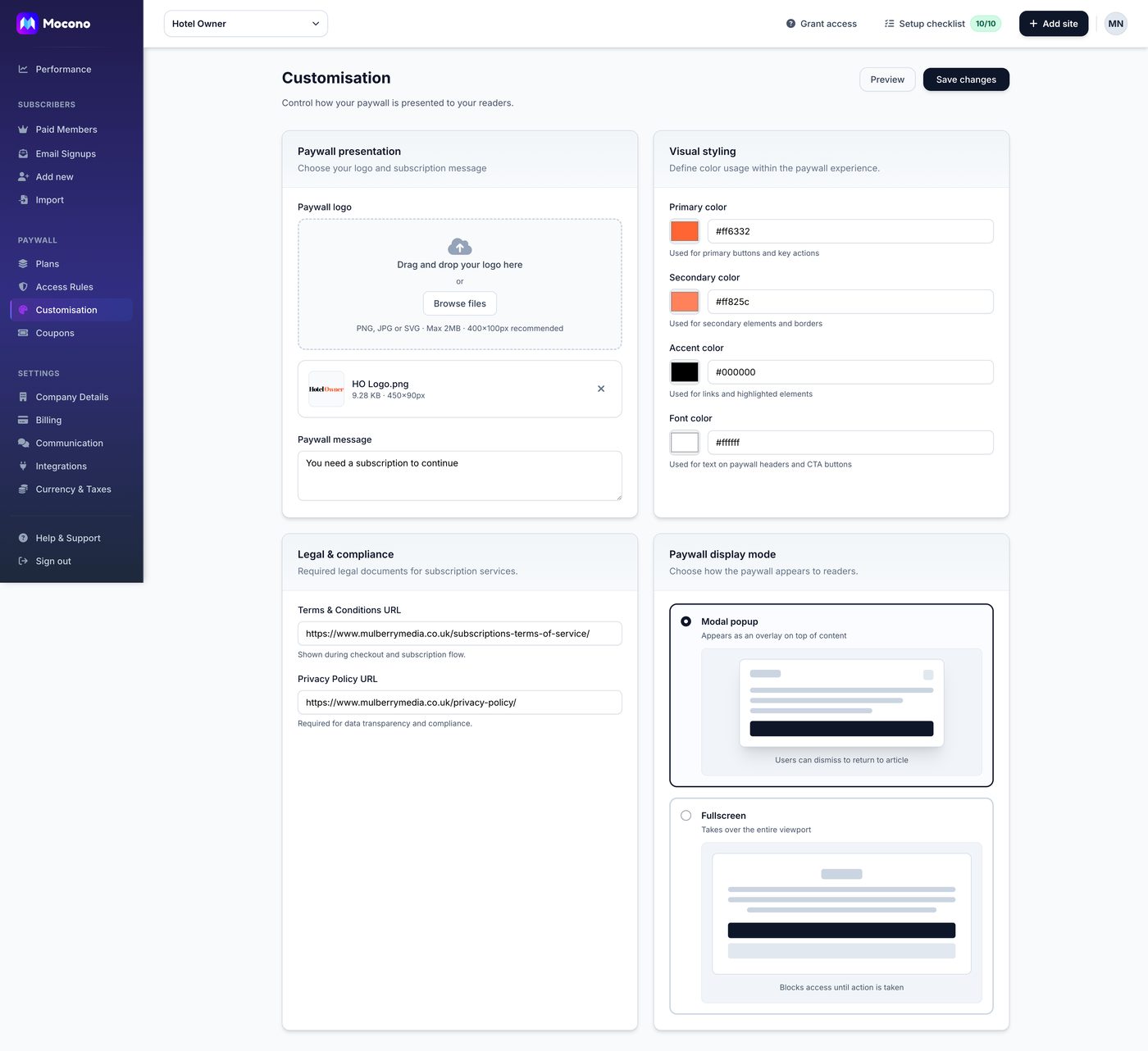 Mocono paywall customisation with logo, colours, legal links and display mode
