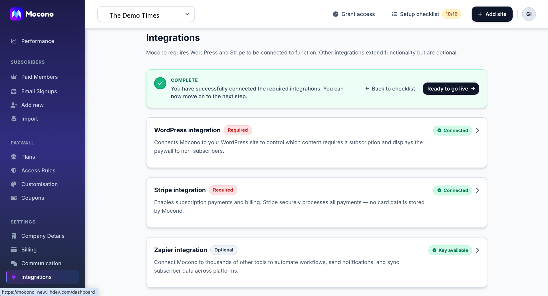 Mocono integrations screen showing WordPress and Stripe connected