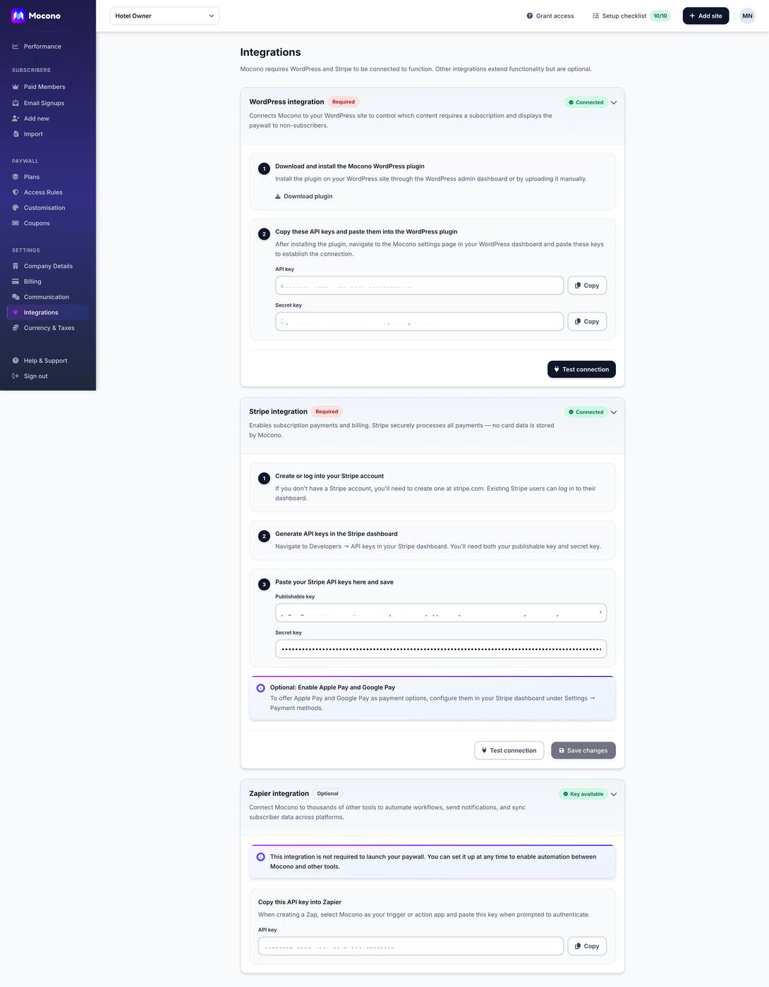 Mocono integrations page with WordPress, Stripe and Zapier connections and copyable API keys