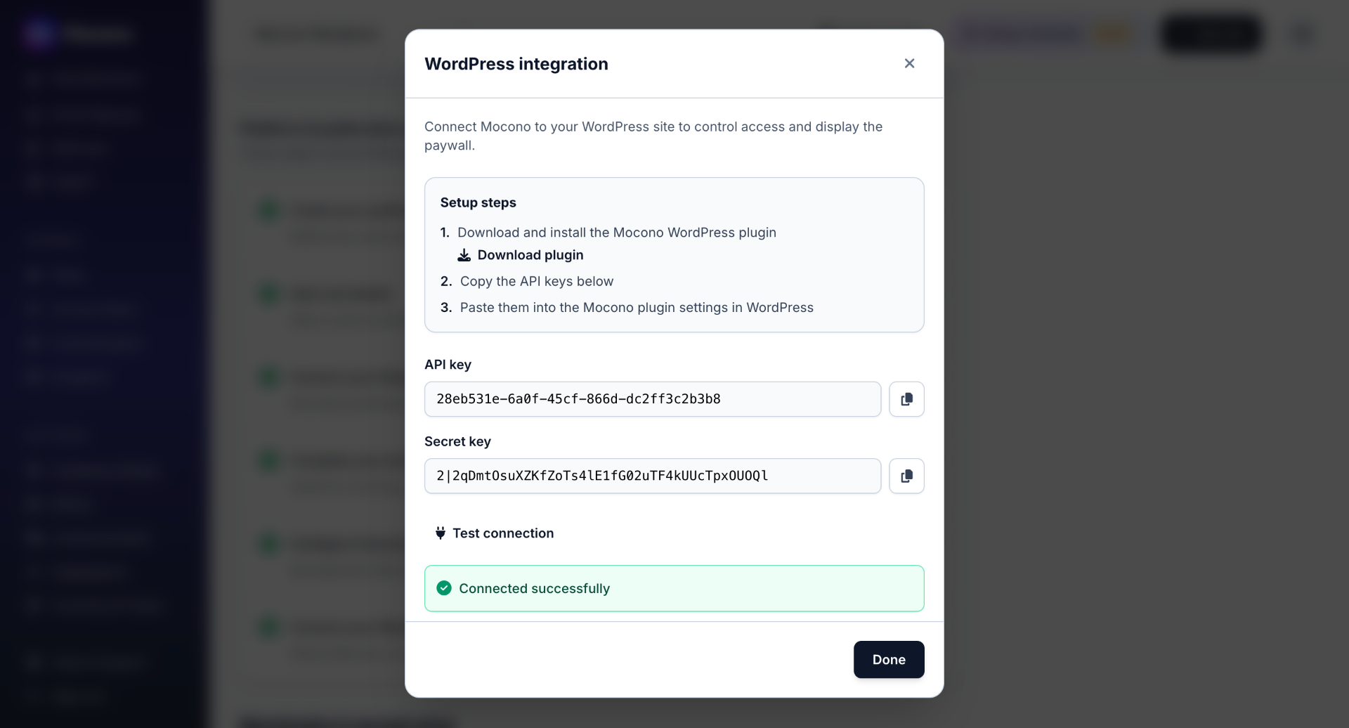 Mocono WordPress integration setup with API keys and a successful connection test